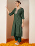 Janasya Women's Dark Green Silk Blend Yoke Embroidered Straight Front-slit Kurta Pant Set